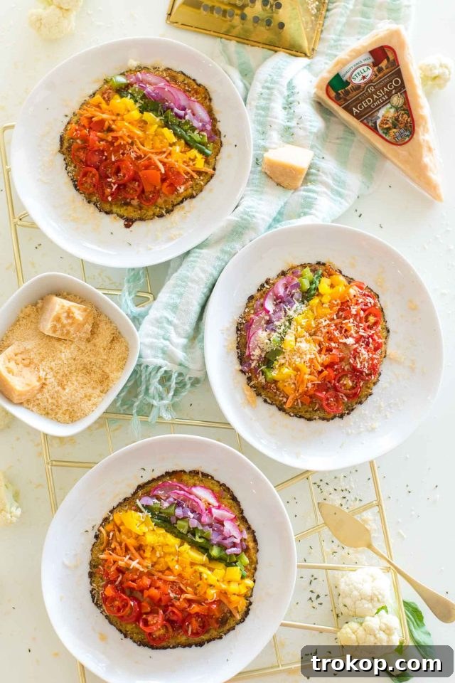 Guilt-Free Cauliflower Pizza Crust for Your Low-Carb Lifestyle 2 Delicious low carb cauliflower pizza topped with Stella Aged Asiago cheese and fresh vegetables