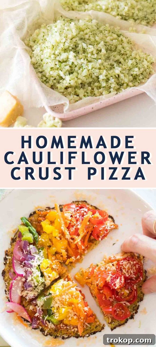 Guilt-Free Cauliflower Pizza Crust for Your Low-Carb Lifestyle 15 Two compiled photos showing how to make cauliflower pizza dough and a finished rainbow pizza