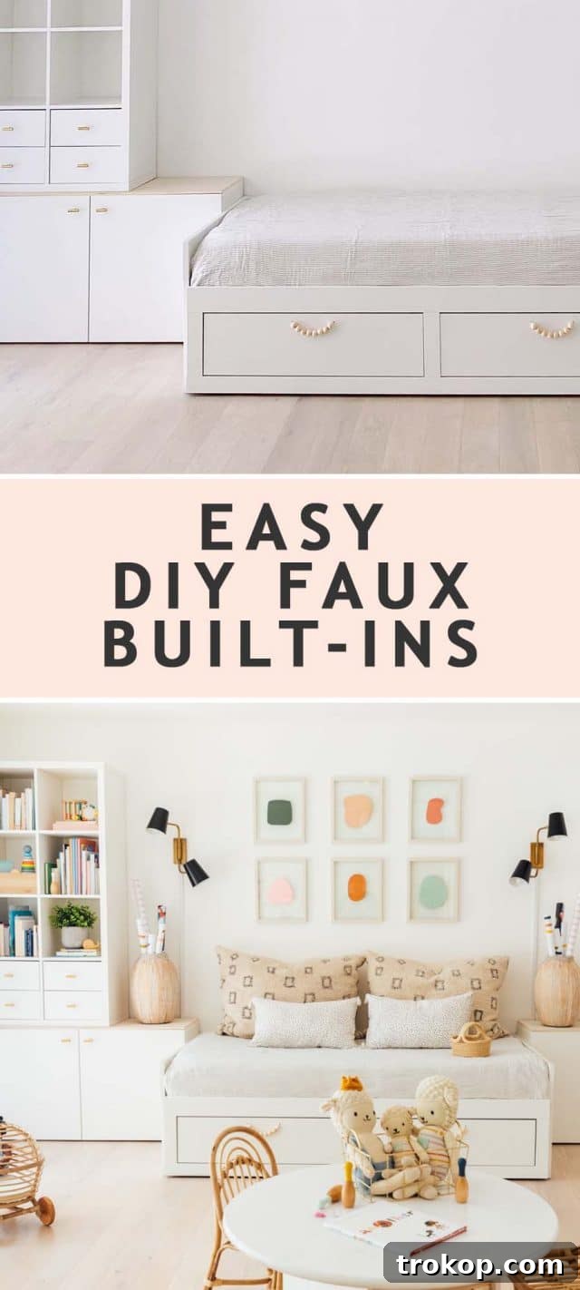 Playroom Makeover: DIY Faux Built-In Cabinets for Organized Fun 15 A side-by-side comparison of a playroom before and after featuring easy DIY faux built-in storage