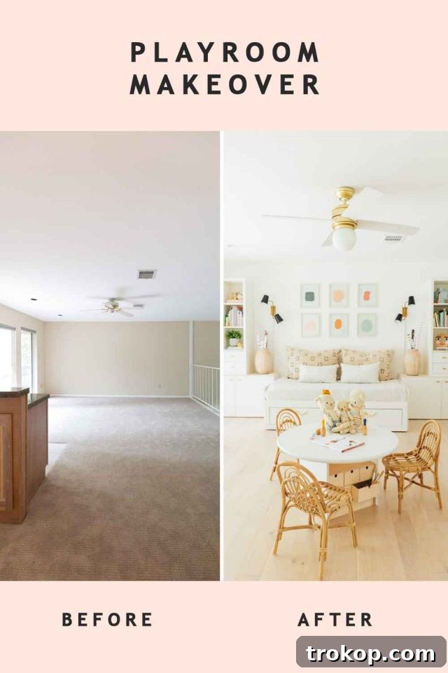 Playroom Makeover: DIY Faux Built-In Cabinets for Organized Fun 5 Before and after transformation of a kids playroom with new flooring and railing