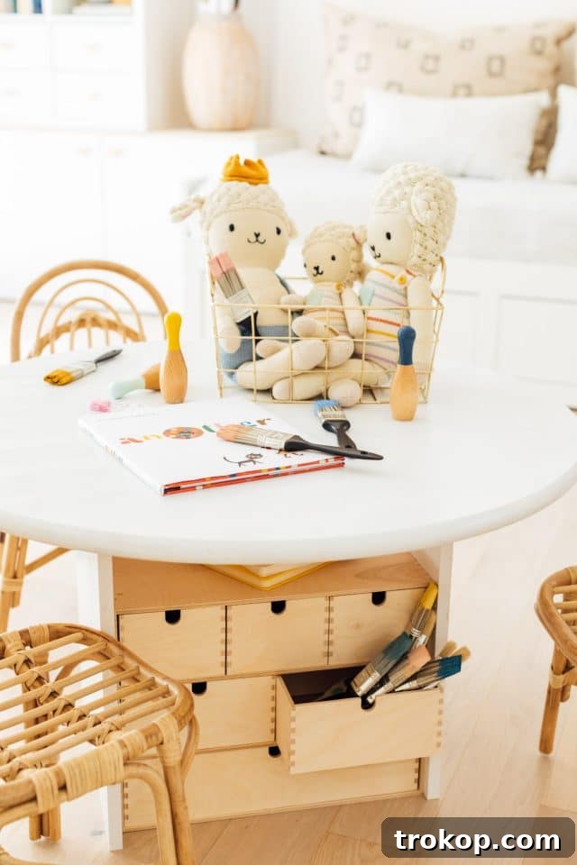 Upcycled Ikea Play Table Project 4 A close-up of the DIY kids table showcasing Ikea storage bins integrated into the design