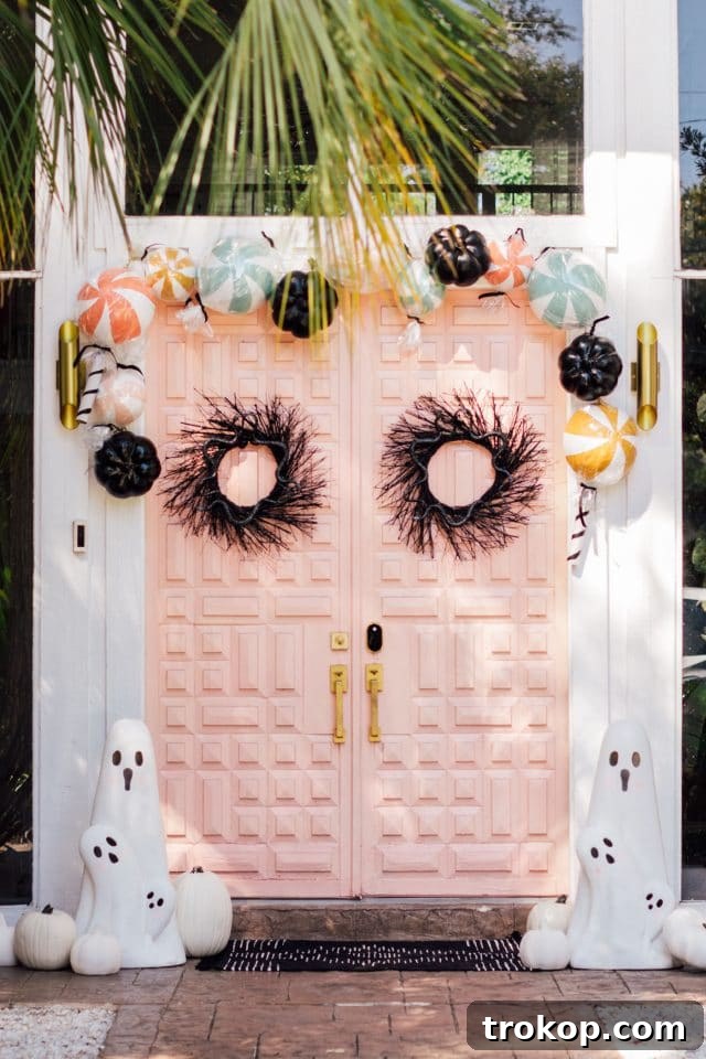 Boo-tiful Door Decor Cute Halloween Candy and Ghosts 2 two black wreaths and a pink double door with ghost decorations