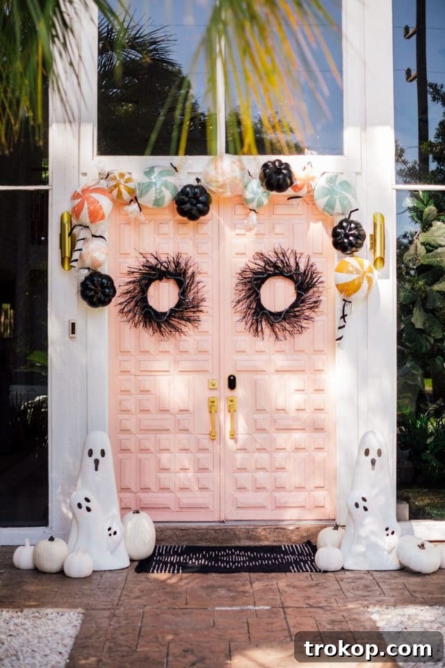 Boo-tiful Door Decor Cute Halloween Candy and Ghosts 16 pink front door with halloween candy and ghost decorations
