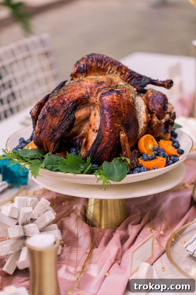 A beautifully plated air fryer turkey on a serving dish, garnished with fresh berries and greens, ready for the Thanksgiving table.