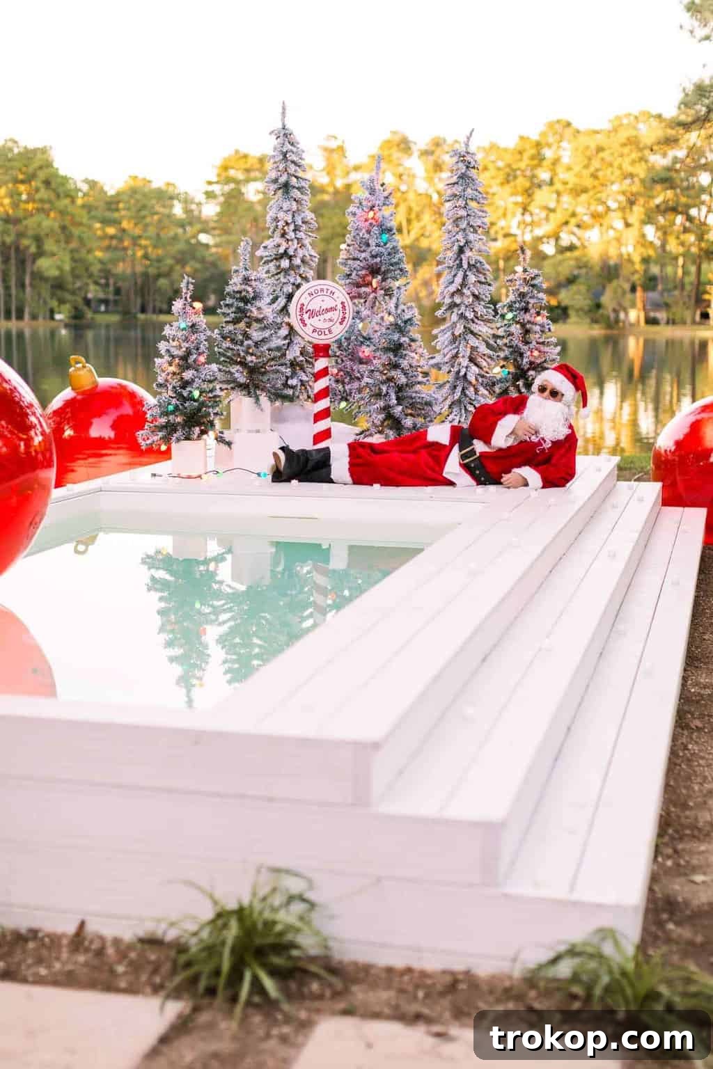 Santa's Poolside Paradise Christmas 3 A person in a Santa suit joyfully posing amidst an elaborately decorated pool deck for Christmas, featuring multiple lit Christmas trees.