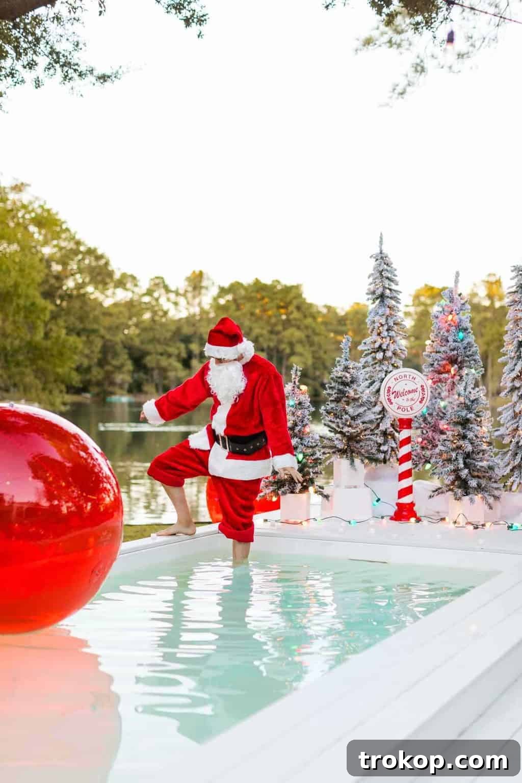 Santa's Poolside Paradise Christmas 4 A vibrant outdoor Christmas scene on a pool deck at dusk, showcasing numerous illuminated flocked trees, festive ornaments, and a playful Santa character.