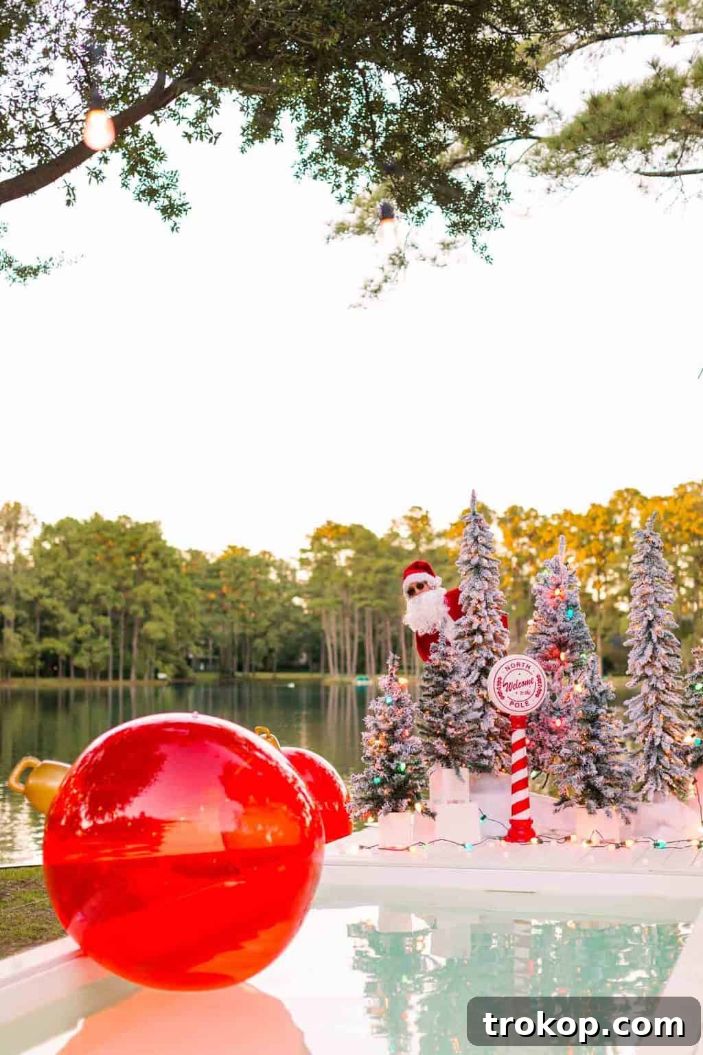 Santa's Poolside Paradise Christmas 7 Close-up of a decorated pool deck featuring an assortment of flocked Christmas trees and sparkling lights, with a Santa figure in the background.