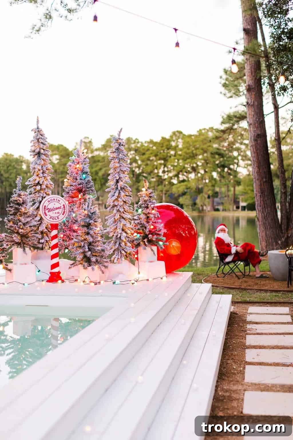 Santa's Poolside Paradise Christmas 10 A charming outdoor Christmas display at dusk, with numerous illuminated flocked trees of various sizes on a pool deck, creating a magical atmosphere.
