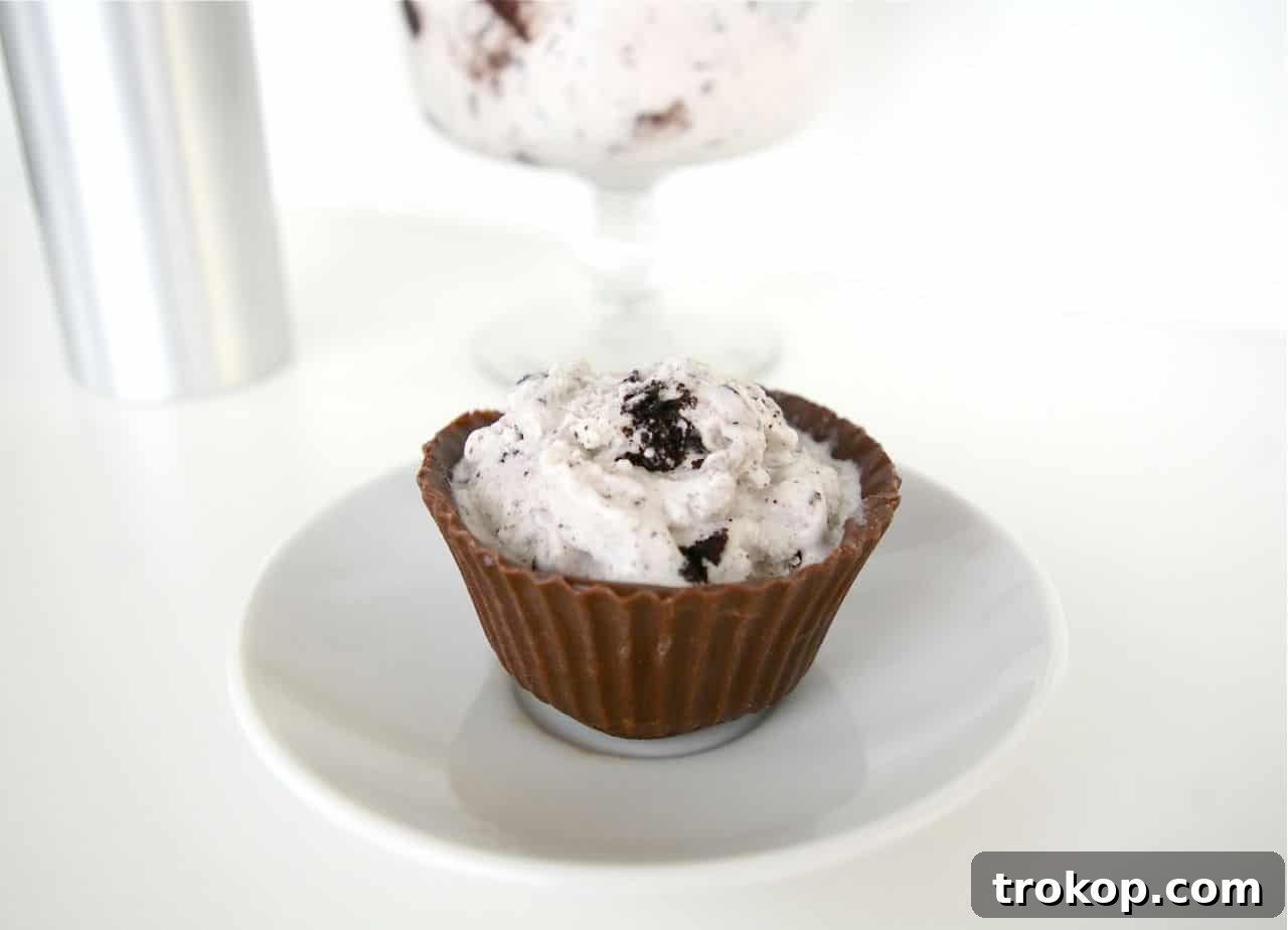 Scooping ice cream into homemade chocolate cupcake liners.