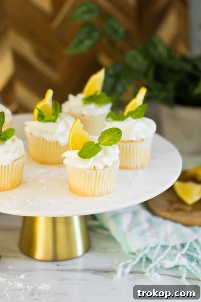 Tangy Lemon Cupcakes with Zesty Citrus Frosting 11 photo of the lemon cupcakes on a cake stand by top Houston lifestyle blogger Ashley Rose of Sugar & Cloth