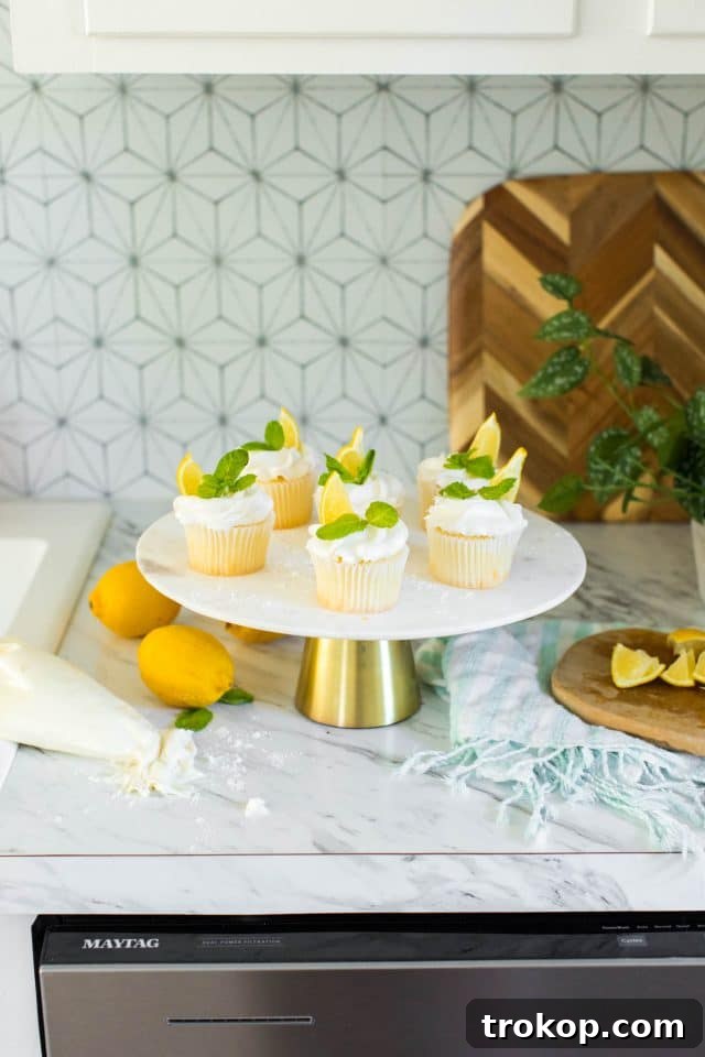 Tangy Lemon Cupcakes with Zesty Citrus Frosting 13 photo of lemon wedges and mint sprigs on lemon cupcakes by top Houston lifestyle blogger Ashley Rose of Sugar & Cloth