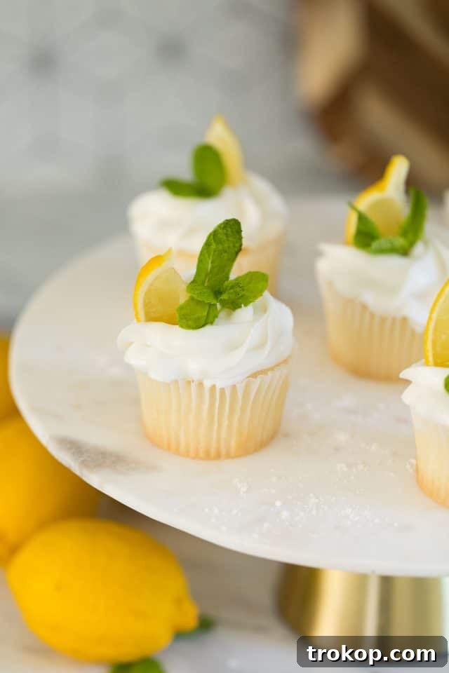 Tangy Lemon Cupcakes with Zesty Citrus Frosting 3 close up photo of the lemon cupcakes recipe by top Houston lifestyle blogger Ashley Rose of Sugar & Cloth