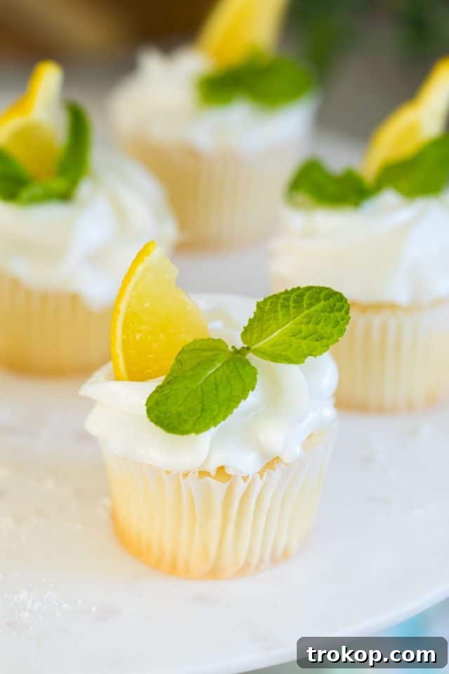 Tangy Lemon Cupcakes with Zesty Citrus Frosting 10 close up photo of the lemon cupcakes with lemon flavor frosting by top Houston lifestyle blogger Ashley Rose of Sugar & Cloth