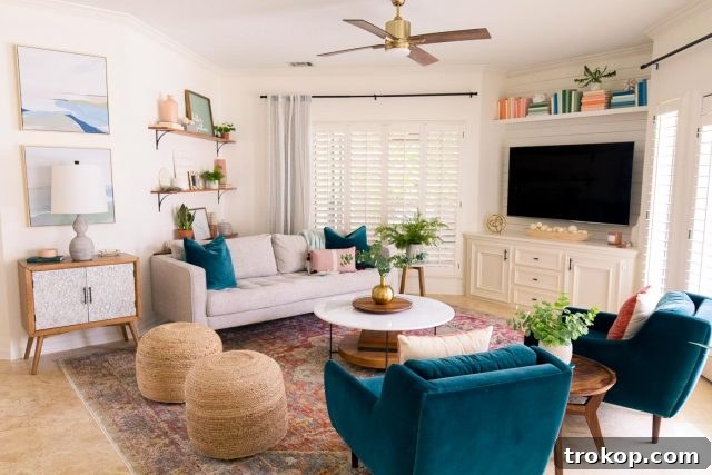 Horizontal photo showcasing the harmonious design of the family room and dining area makeover.