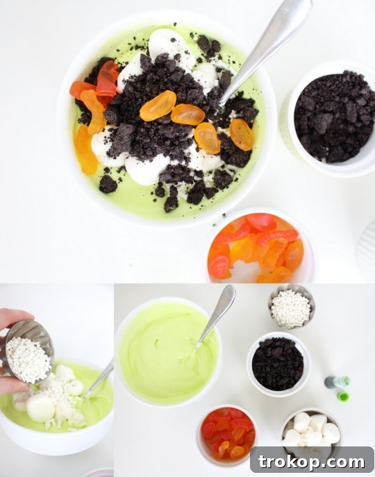 Two Monster Guts dessert cups in a spooky Halloween party setting with a mad scientist theme.
