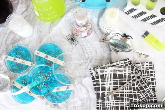 DIY petri dish jell-o recipe Close-up of three Petri Dish Jello treats with various sprinkles and candy decorations.