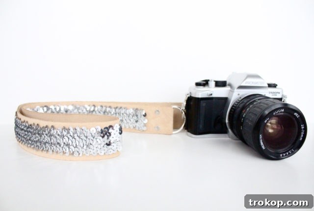 Step-by-step process of making a no-sew camera strap with sequins