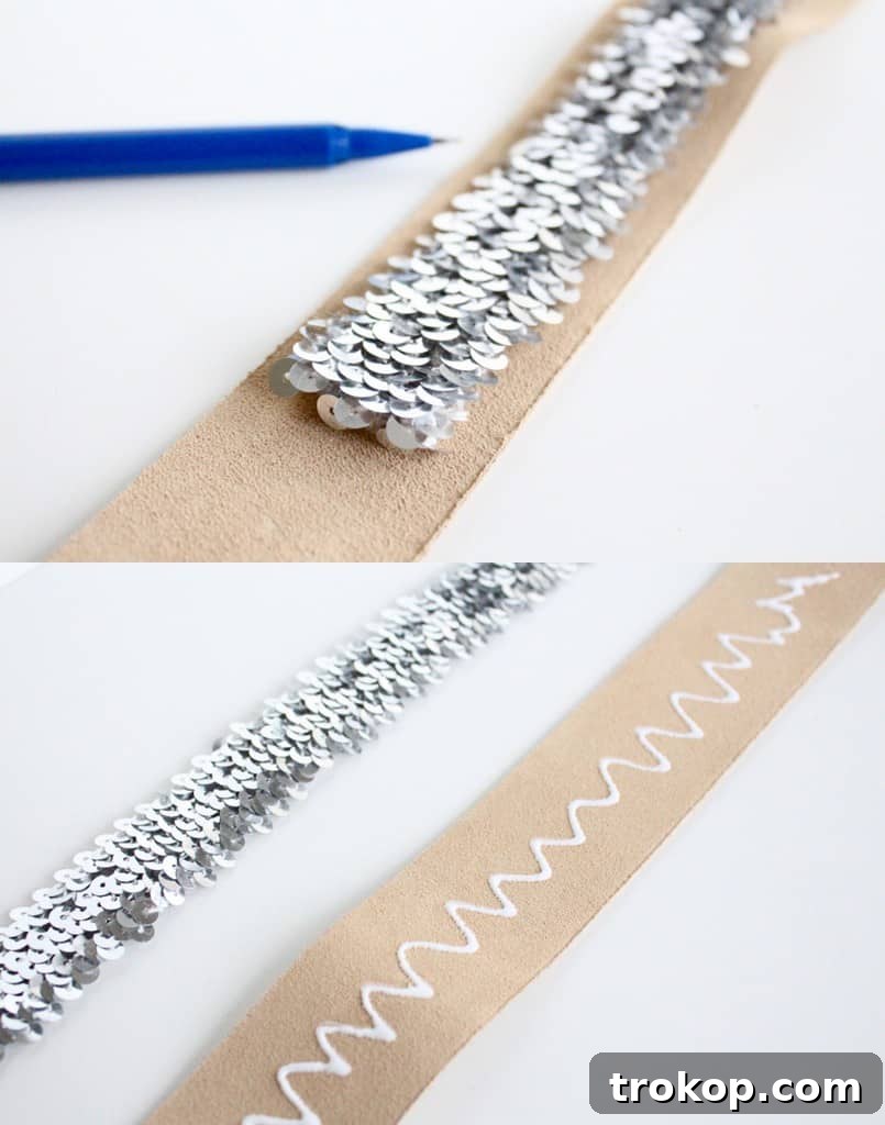 Close-up of leather strip and sequin trim, showcasing quality materials