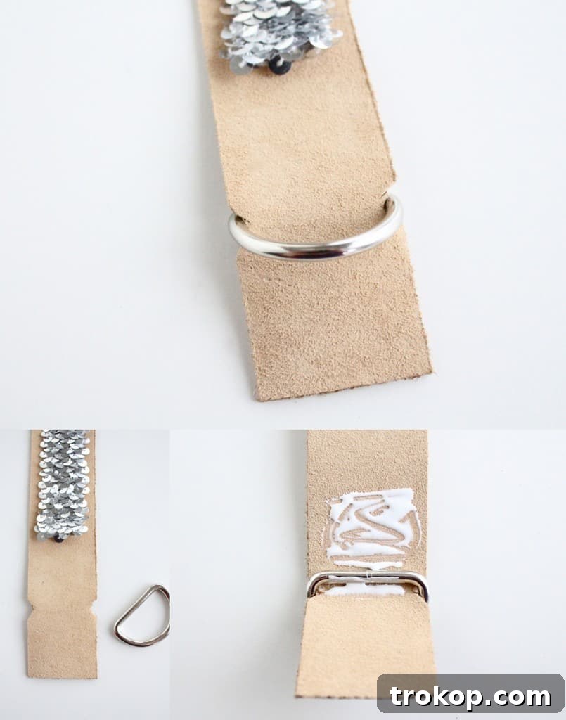 Applying sequin ribbon to a leather camera strap with tacky glue