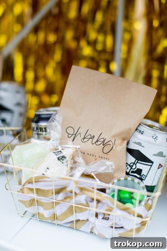 Your Essential Guide to a Drive-Thru Baby Shower 7 A gold gift basket overflowing with individually wrapped drive-thru baby shower favors, ready for guests