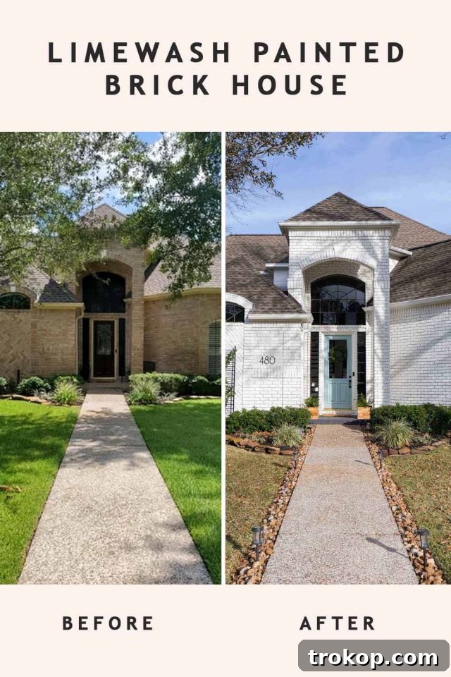 before and after of a white limewash painted brick house transformation