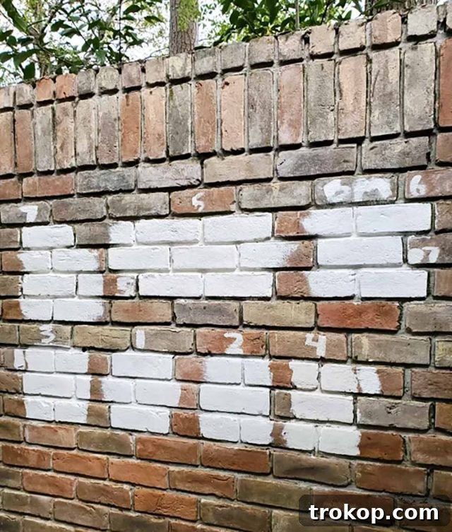 painted white color samples on a brick wall demonstrating limewash options