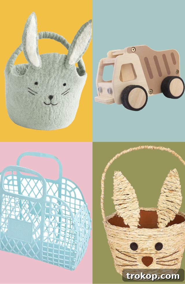 Fun and Festive Easter Baskets for Kids 2 Easter Baskets for Kids Ideas by Sugar & Cloth - A vibrant image of several colorful Easter baskets filled with treats.