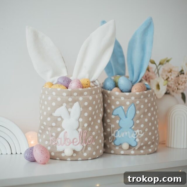 Fun and Festive Easter Baskets for Kids 10 Embroidered Baby Easter Basket with personalized Easter ears that tie to function as a handle.