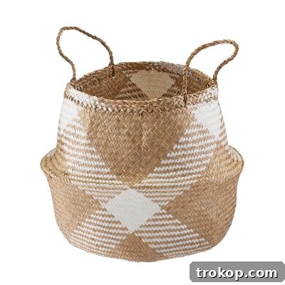 Fun and Festive Easter Baskets for Kids 12 Diamonds Belly Basket made of seagrass with a charming gingham print, versatile for Easter and home decor.