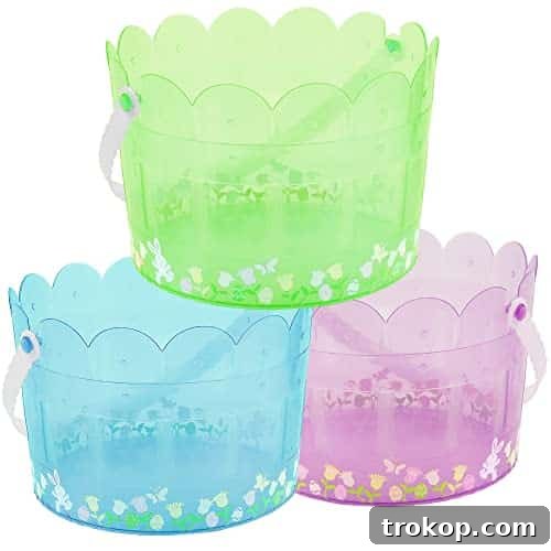 Zcaukya Easter Buckets for Egg Hunt, Set of 3 Clear Plastic Kids Easter Baskets with Handles, Empty Plastic Easter Pails for Easter Party Favors, Green, Blue, Purple Zcaukya Easter Buckets for Egg Hunt, a set of clear plastic kids Easter baskets with scalloped trim and handles.