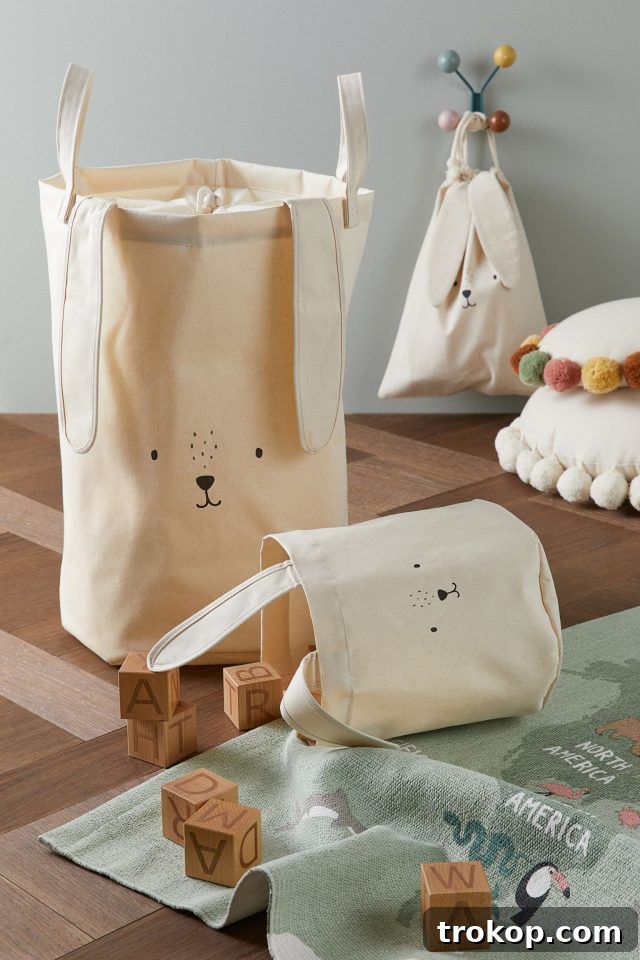 Fun and Festive Easter Baskets for Kids 17 Bunny Cotton Twill Storage Basket, a cute and functional Easter basket with a drawstring closure.