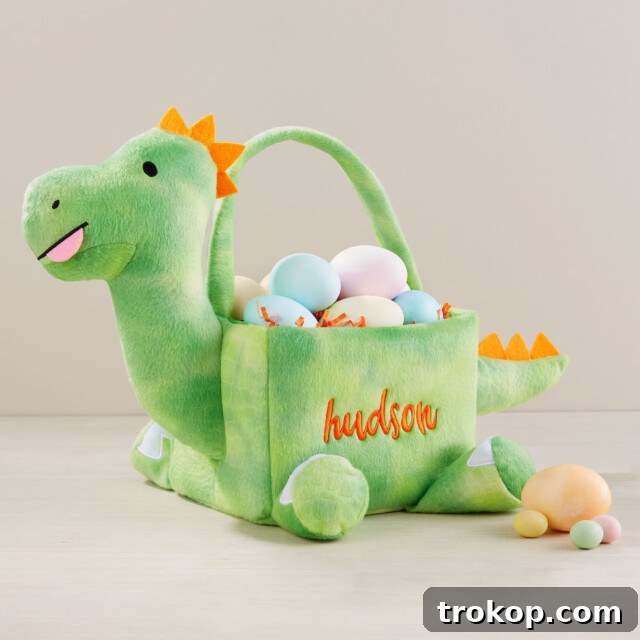 Fun and Festive Easter Baskets for Kids 18 Dinosaur Embroidered Plush Easter Treat Bag, available as a T-Rex or Triceratops, perfect for dinosaur lovers.