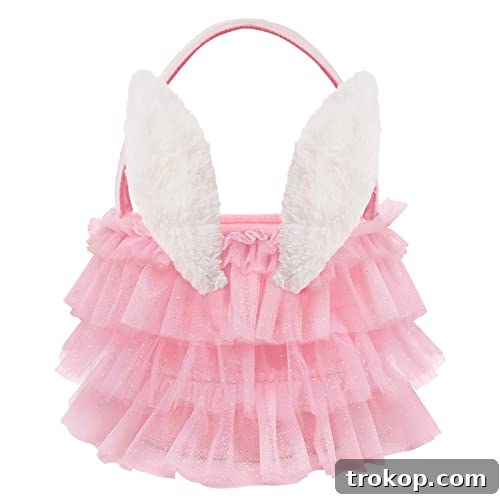 Bunny Chorus Tutu Easter Basket, Pink Ruffled Shining Tulle with Fluffy Bunny Ears, Easter Theme Party Favors Stuffers Gifts for Girls, Easter Egg Hanting Decorations Party Supplies Bunny Chorus Tutu Easter Basket, Pink Ruffled Shining Tulle with Fluffy Bunny Ears, a dreamy Easter basket for girls.