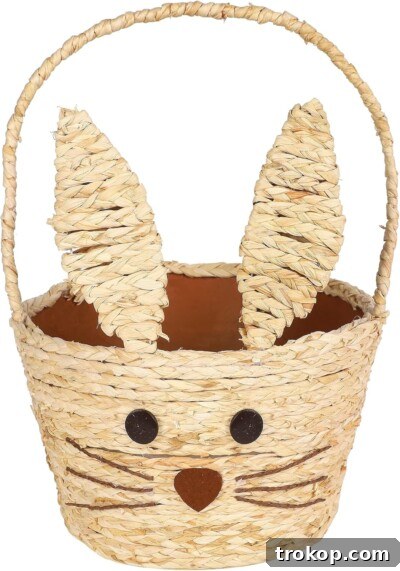 Juegoal Easter Bunny Woven Basket for Party Favors, Handmade Straw Wicker Easter Candy Eggs Baskets for Kids, Dia.9.8 x 13.8 Inch Cute Rabbit Picnic Hamper for Egg Hunt Party Gifts Toy Storage Juegoal Easter Bunny Woven Basket, handmade straw wicker basket with cute rabbit design for kids.