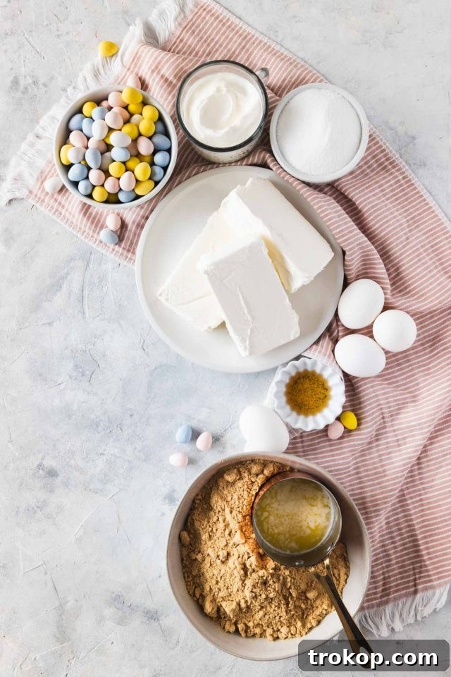 A flat lay photo of all the ingredients needed to prepare the delicious Mini Egg Cheesecake recipe, neatly arranged on a white surface