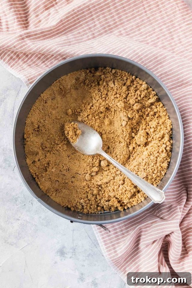 Detailed photo showing how to perfectly press a graham cracker crust into a springform pan for a homemade cheesecake