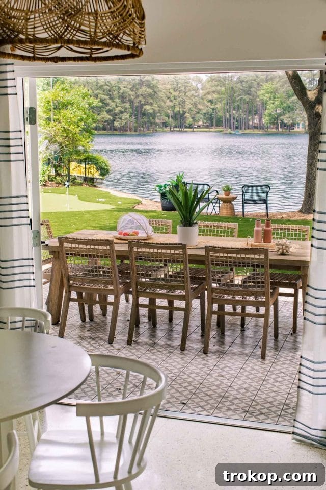 Breakfast table view of the new outdoor tiled patio, showing the expanded living space