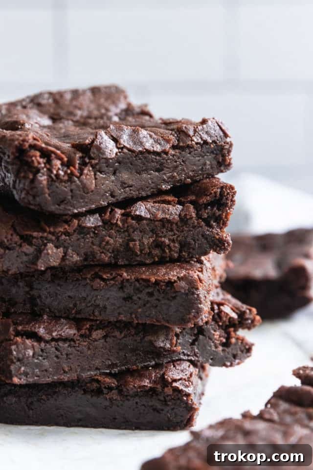 A photo of Vegan Egg Free Brownies made by Sugar and Cloth, showcasing their fudgy texture and crackly top.