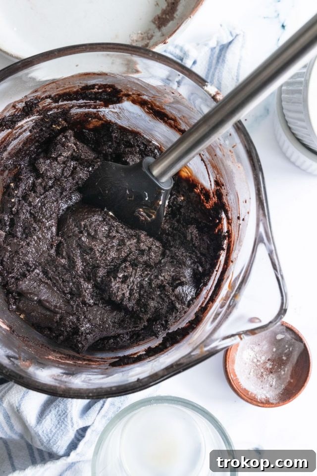 A photo of how to make Vegan Egg Free Brownies, showing the combining of wet and dry ingredients, by Sugar and Cloth