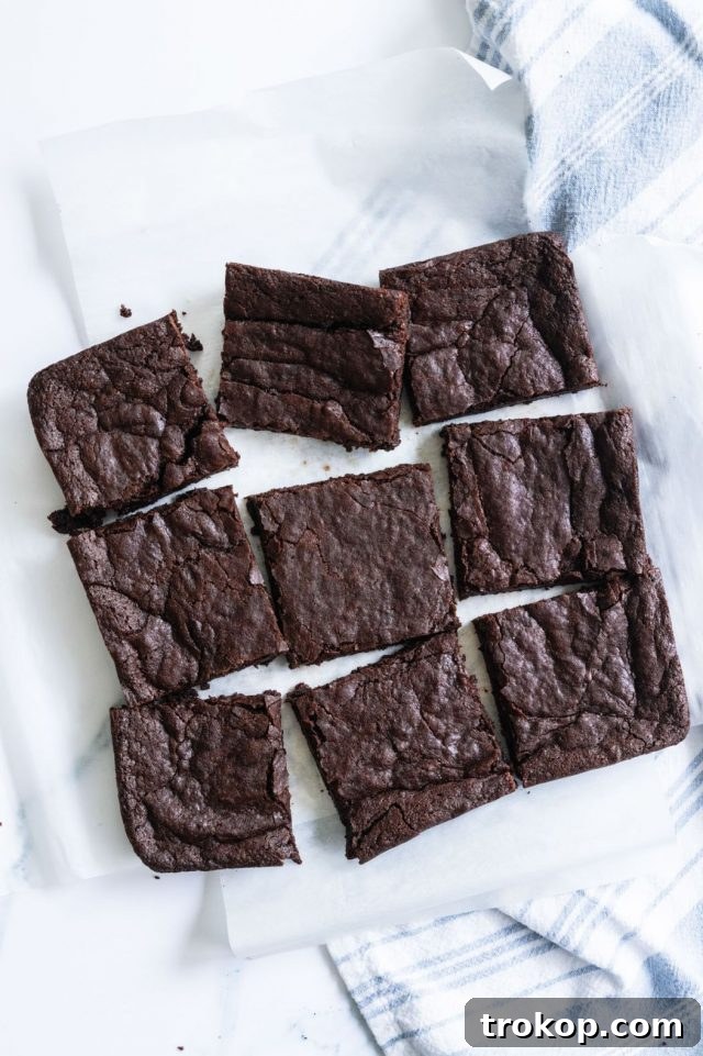 A photo of Vegan Egg Free Brownies made by Sugar and Cloth, showing a stack of brownies