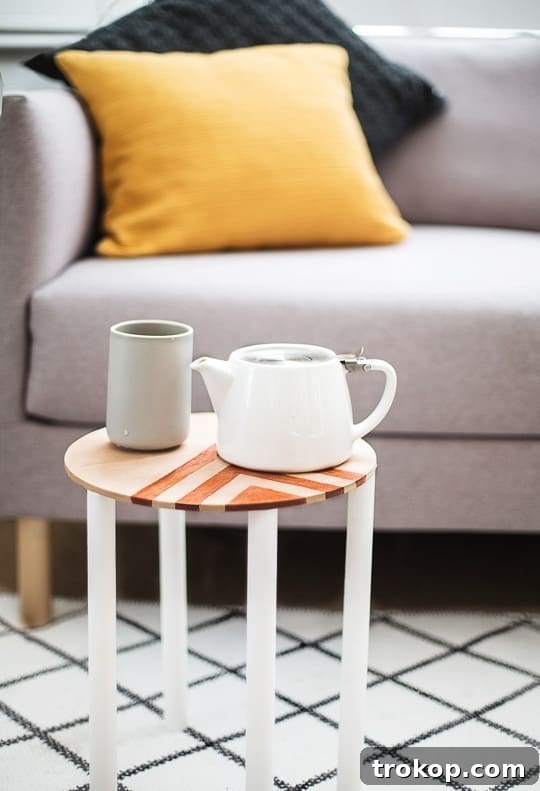 Charming DIY Mini Patterned Side Table by Sugar and Cloth, perfect as a small space coffee table.