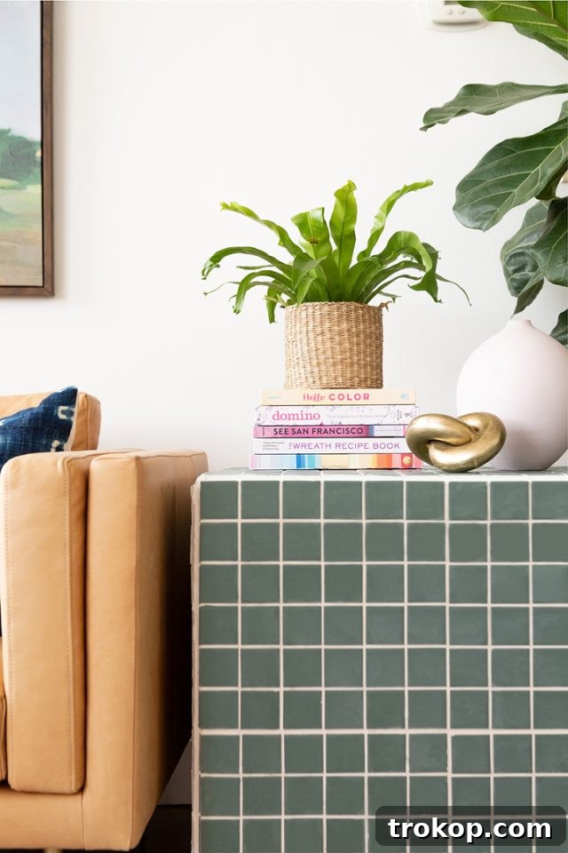 Chic DIY Tiled Side Table with white tiles, perfect for a personalized coffee table.