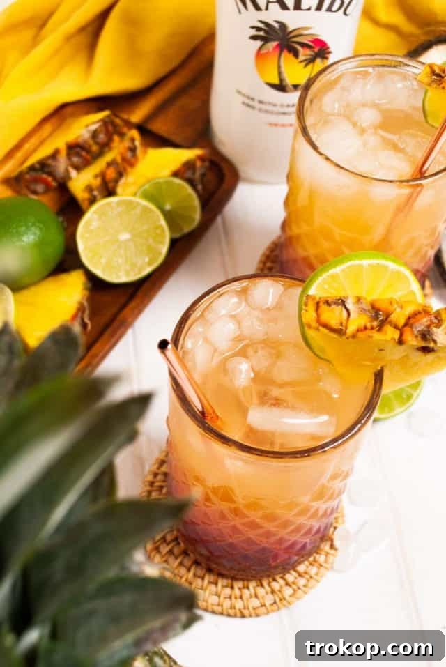 Perfect Tropical Malibu Bay Breeze Mix 4 Close-up of Malibu Bay Breeze cocktail with pineapple juice, highlighting the golden hue of the pineapple layer beautifully separated from the cranberry.