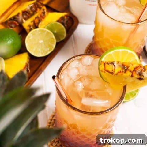 Close-up of Malibu Bay Breeze cocktail with pineapple juice in a glass, ready to be served.