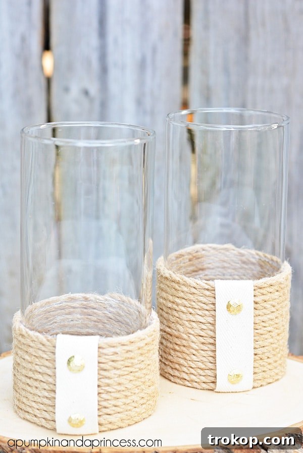 Craft Your Ambiance: 21 DIY Candle Holder Designs for a Colorful Fragrant Home 20 Rope Hurricane Vase {Nate Berkus Inspired}