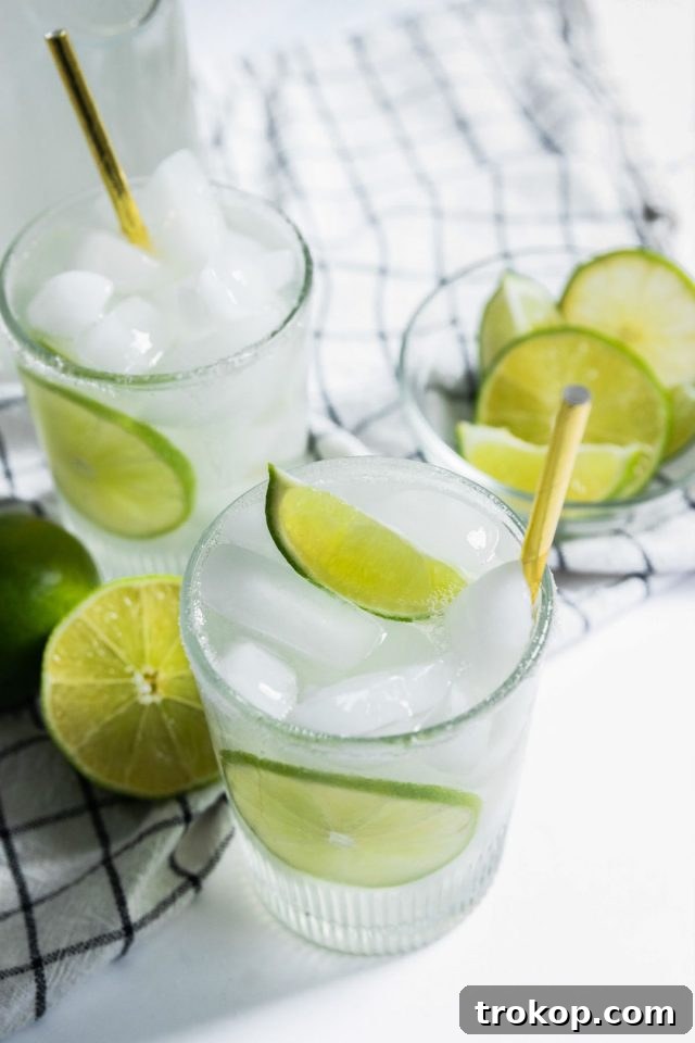Refreshing Homemade Limeade 10 Two glasses of homemade limeade, perfectly chilled and ready to be enjoyed, against a bright background.