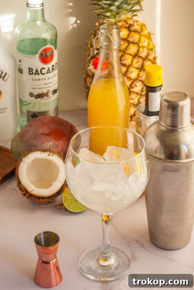 Crafting the Perfect Bacardi Rum Punch 6 cocktail recipes - glass with ice surrounded with ingredients used to make rum punch