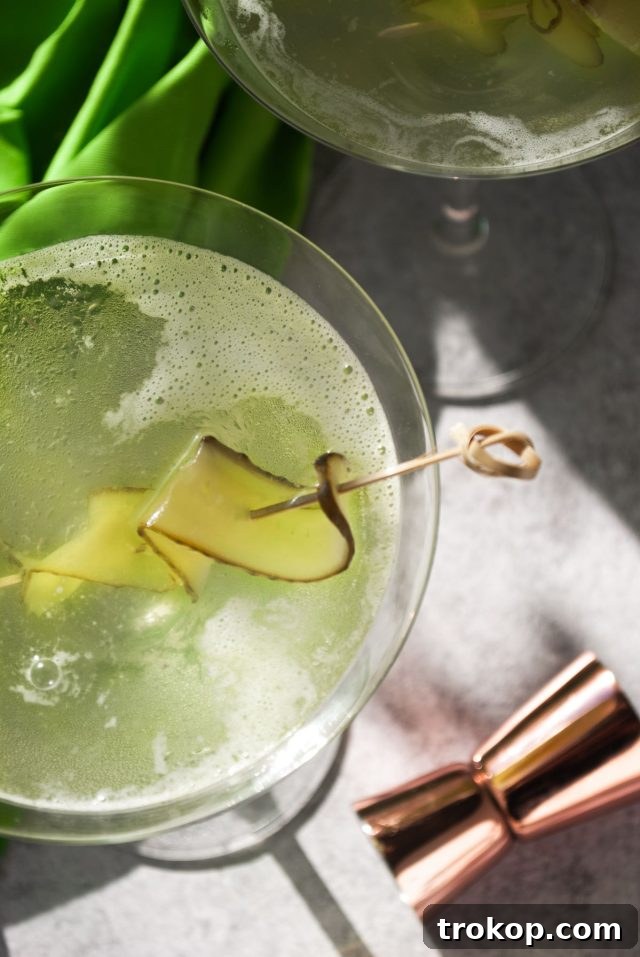 Top-down shot of a freshly prepared Pickle Martini in a glass, with a pickle garnish.