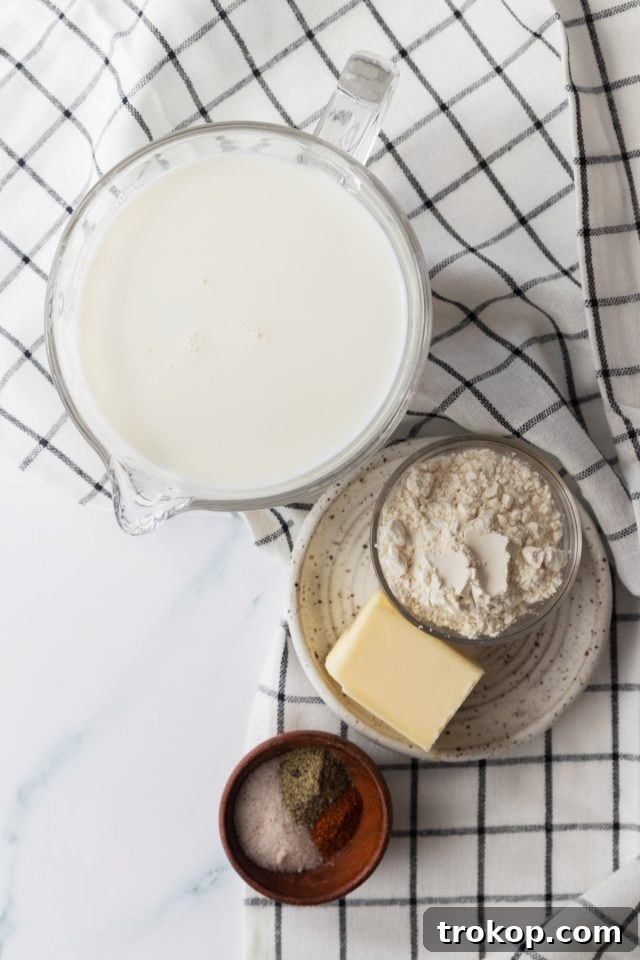 Homestyle White Country Gravy 3 Country Gravy Recipe - photo of all the simple ingredients needed to make white country gravy