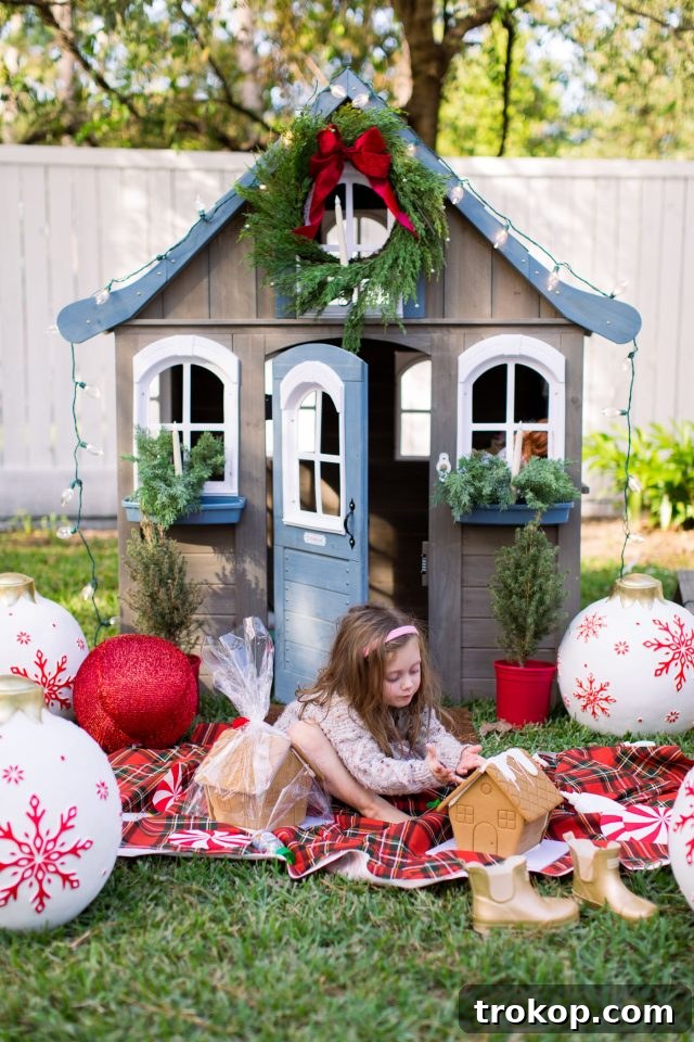 Side view of the decorated red and blue playhouse with festive Christmas ornaments